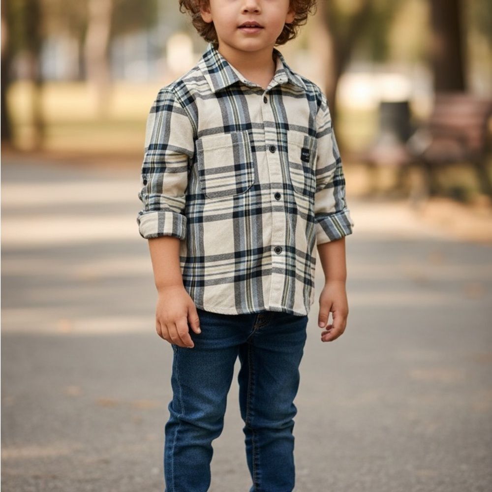 Mayoral Plaid Kids Shirt - Blue and Cream